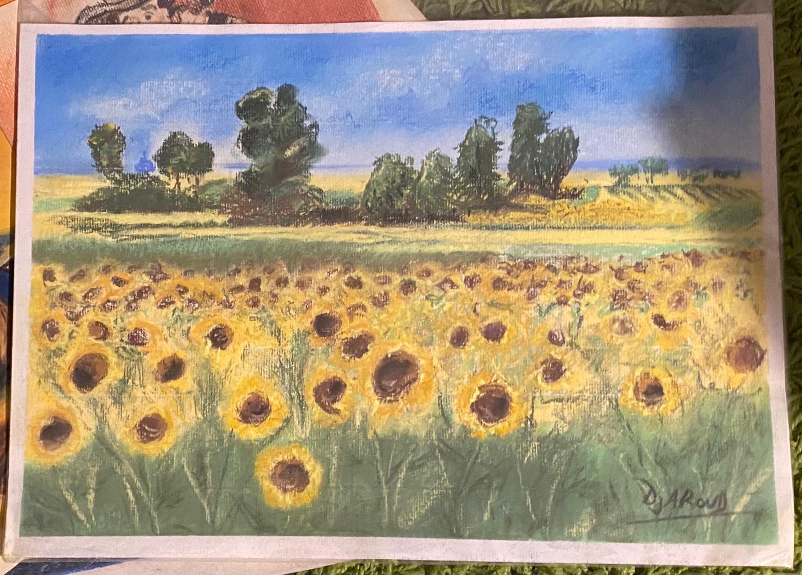 Paysage peint avec fleurs et arbres