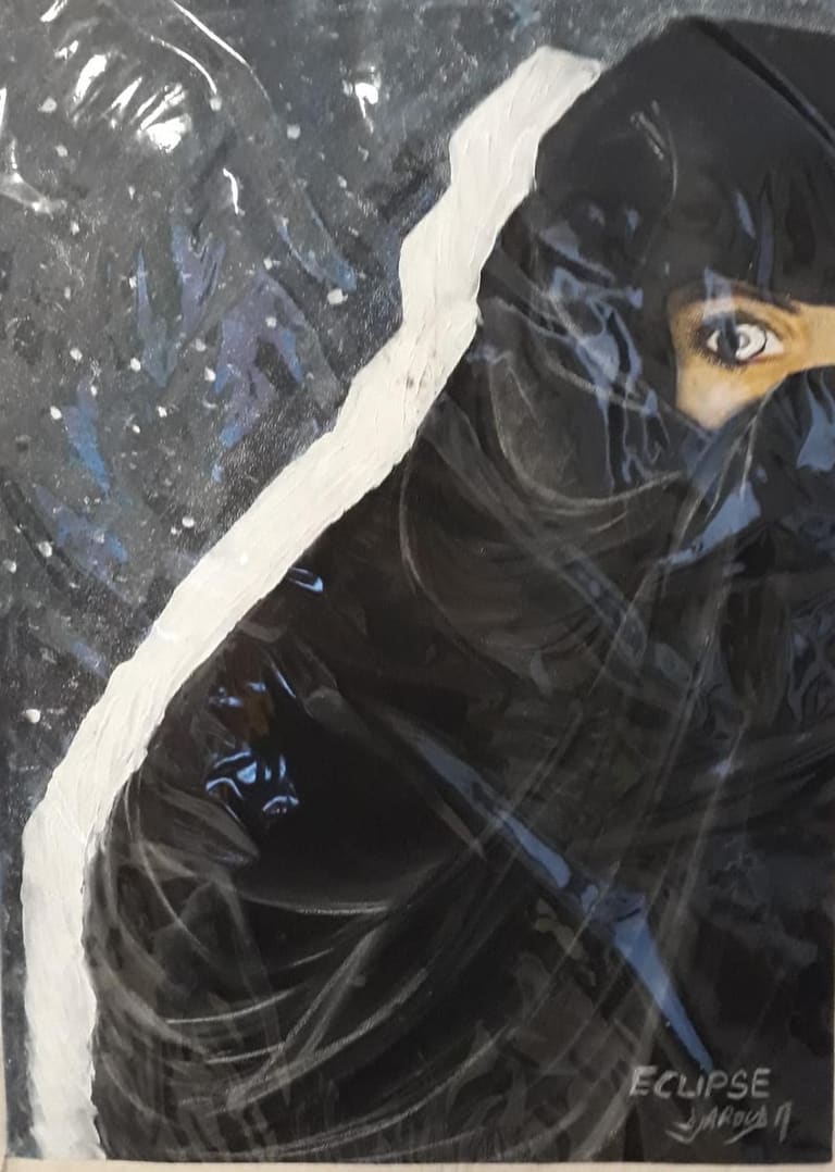 Peinture d'une femme voilée de noir sur un fond gris étoilé, intitulée Eclipse
